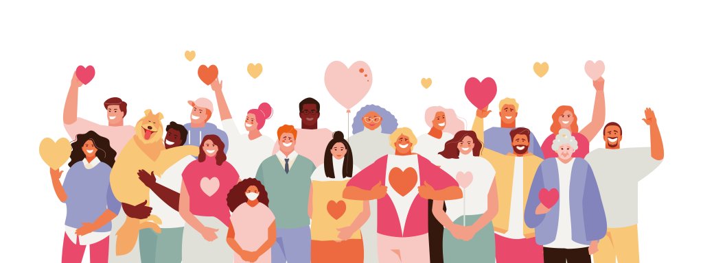 Viele bunte gezeichnete Menschen jedes Alters lächeln und halten Herzen.