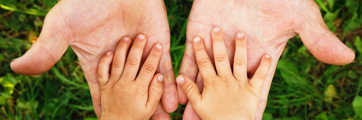 Hände eines Erwachsenen halten die Hände eines Kindes.