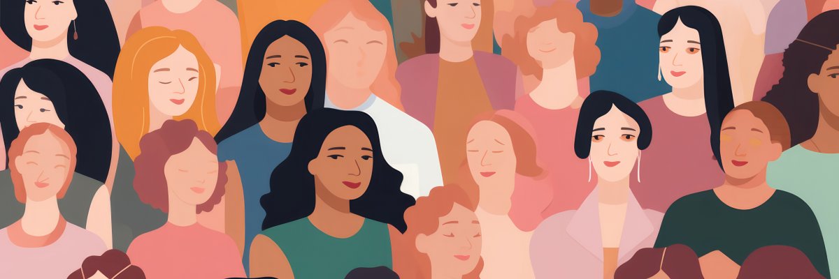 Kollage mit Frauchengesichtern, verschiedene Haar- und Hautfarben.