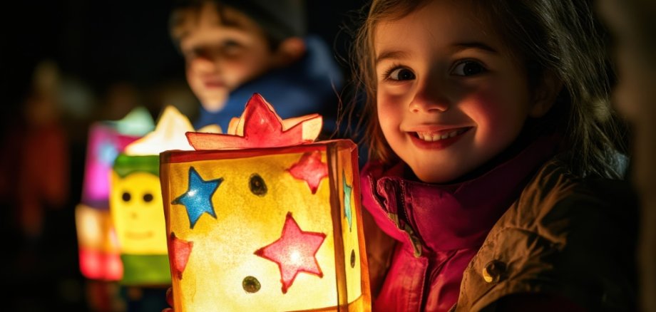 Zwei Kinder mit leuchtenden Martinslaternen