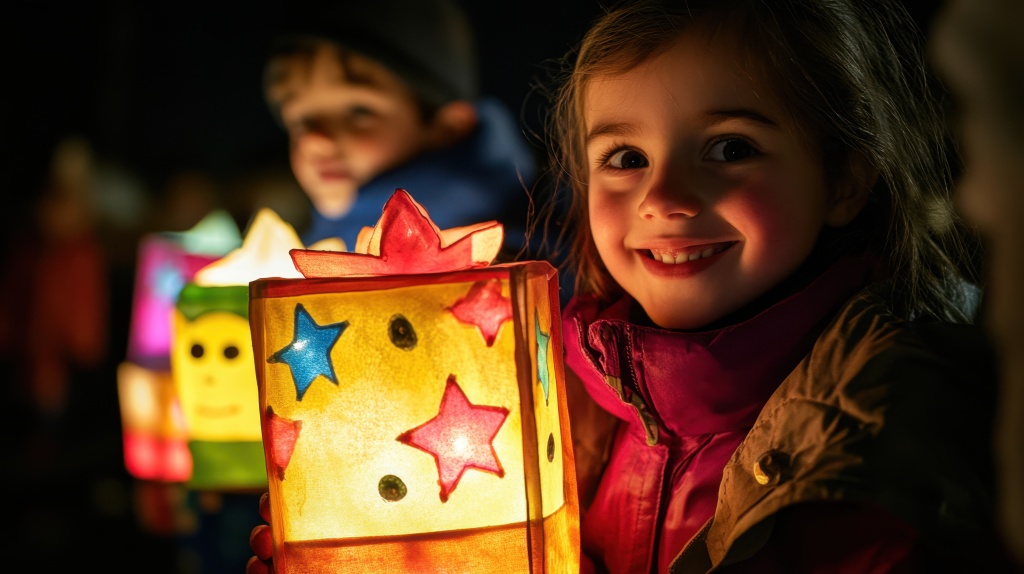 Zwei Kinder mit leuchtenden Martinslaternen