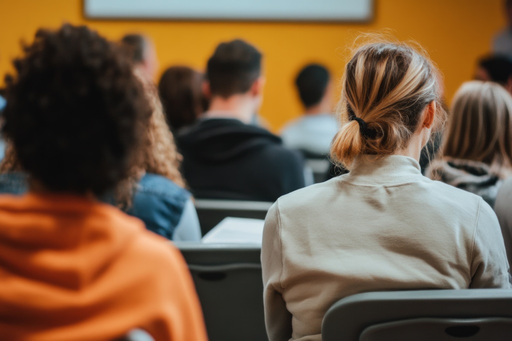 Mehrere Menschen sitzen auf Stühlen und schauen in eine Richtung und hören zu.