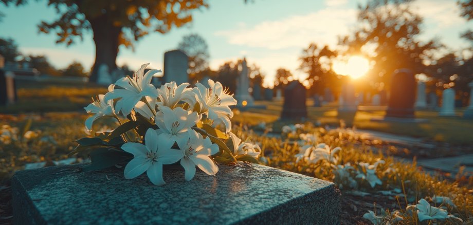 Sonnenuntergang auf Friedhof mit Blume
