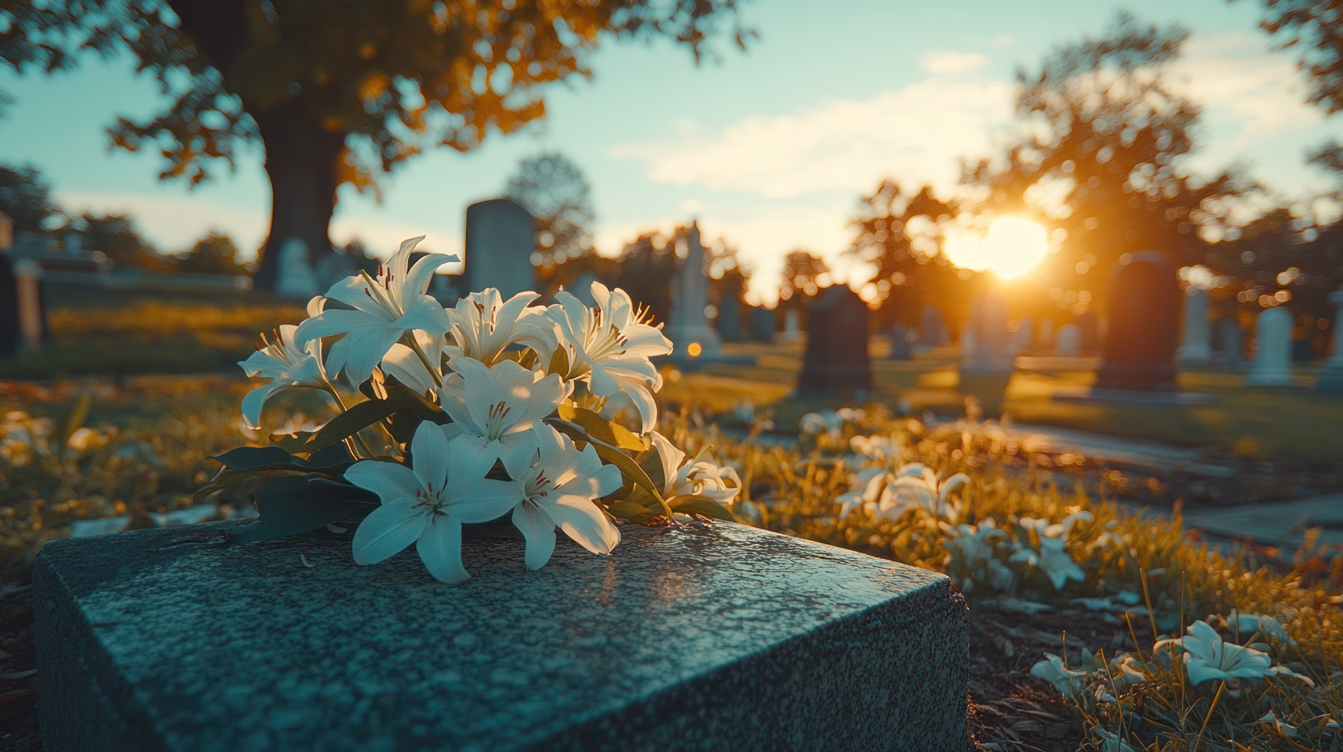 Sunset memorial flowers on grave, cemetery Sonnenuntergang auf Friedhof mit Blume