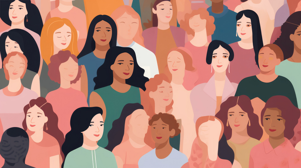 Eine gezeichnete Kollage von vielen Frauengesichtern mit verschiedenen Hautfarben, Haarfarben und Gesichtsausdrücken.