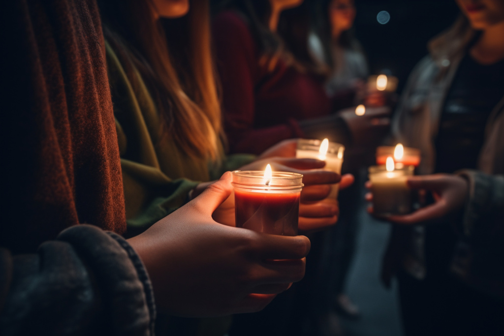 Eine Gruppe Menschen, deren Gesichter man nicht sieht, hält Kerzen im Dunkeln.