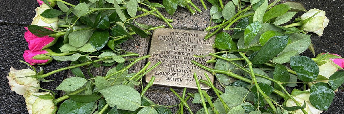 Stolperstein Rosa Ein silberner Stein mit Gravur "Rosa Schillings" umringt von rosa Rosen.