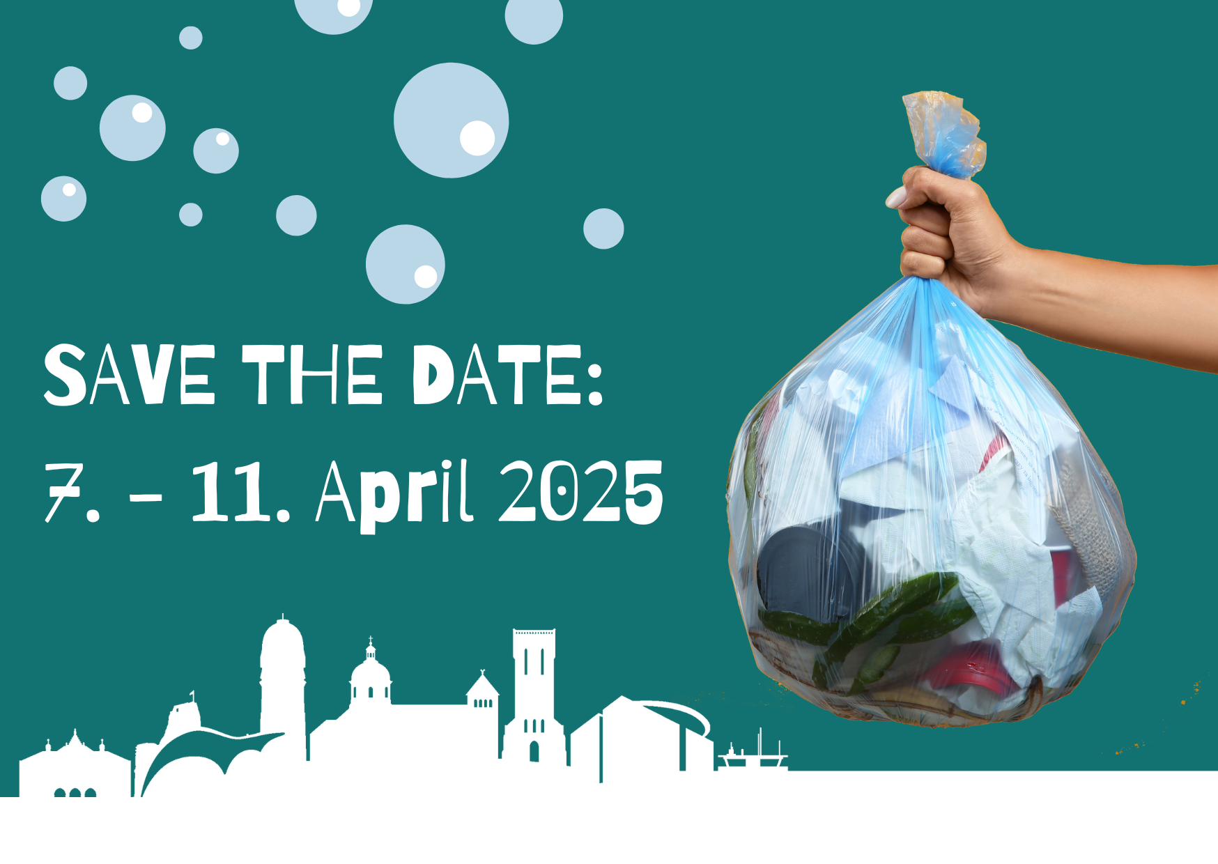 Save The Date WürselenWischt 2025 (Postkarten) - 1 Eine Hand hält einen Müllsack fest.