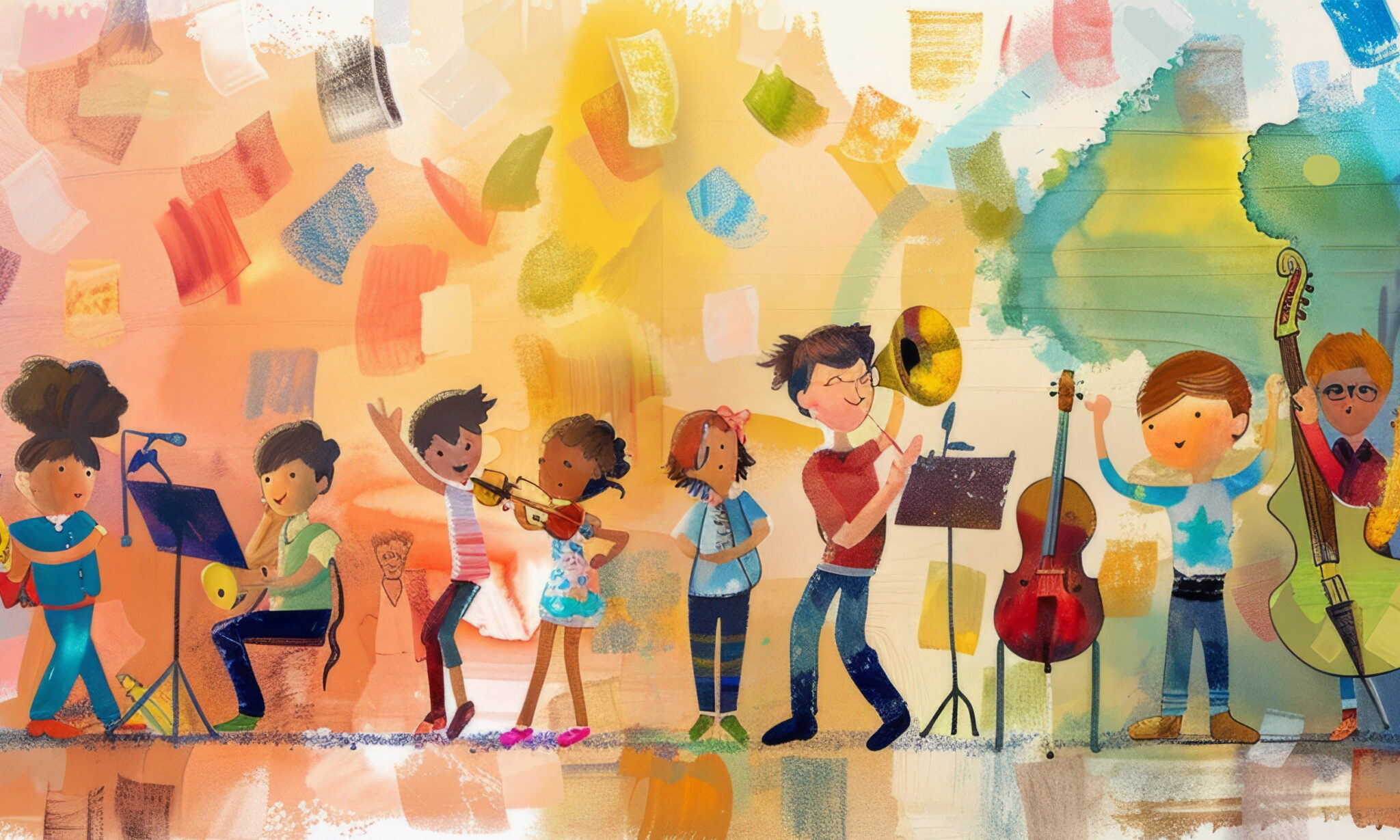 Mehrere Kinder stehen auf einer Bühne und spielen Musikinstrumente