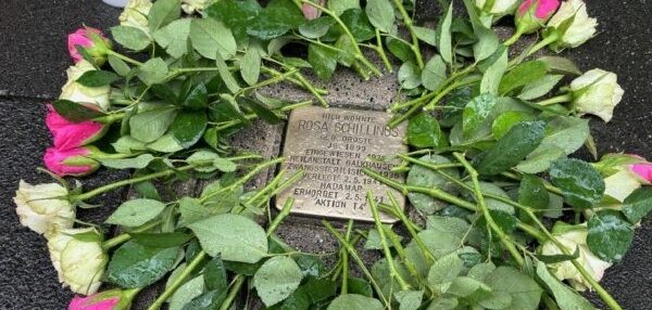 Ein im Boden verlegter Stolperstein, umgeben von Rosen.