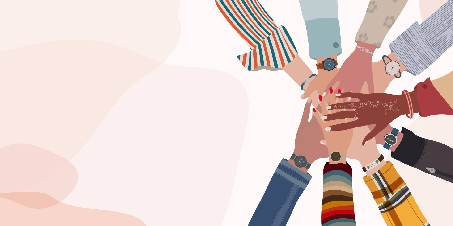 Group hands on top of each other of diverse multi-ethnic and mul Die Hände mehrerer Menschen liegen übereinander und symbolisieren Zusammenhalt.