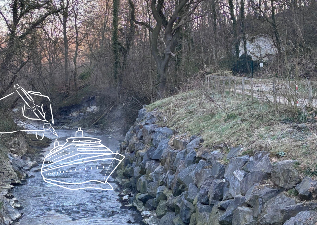 Wurm und gezeichnetes Schiff.