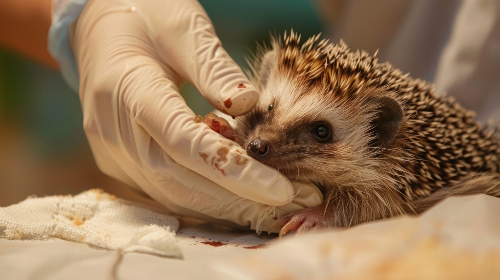 Veterinarian carefully bandaging a hedgehog after it got injured verletzter Igel