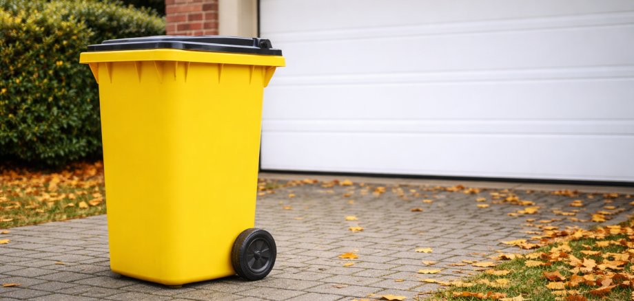 gelbe Tonne vor Garage