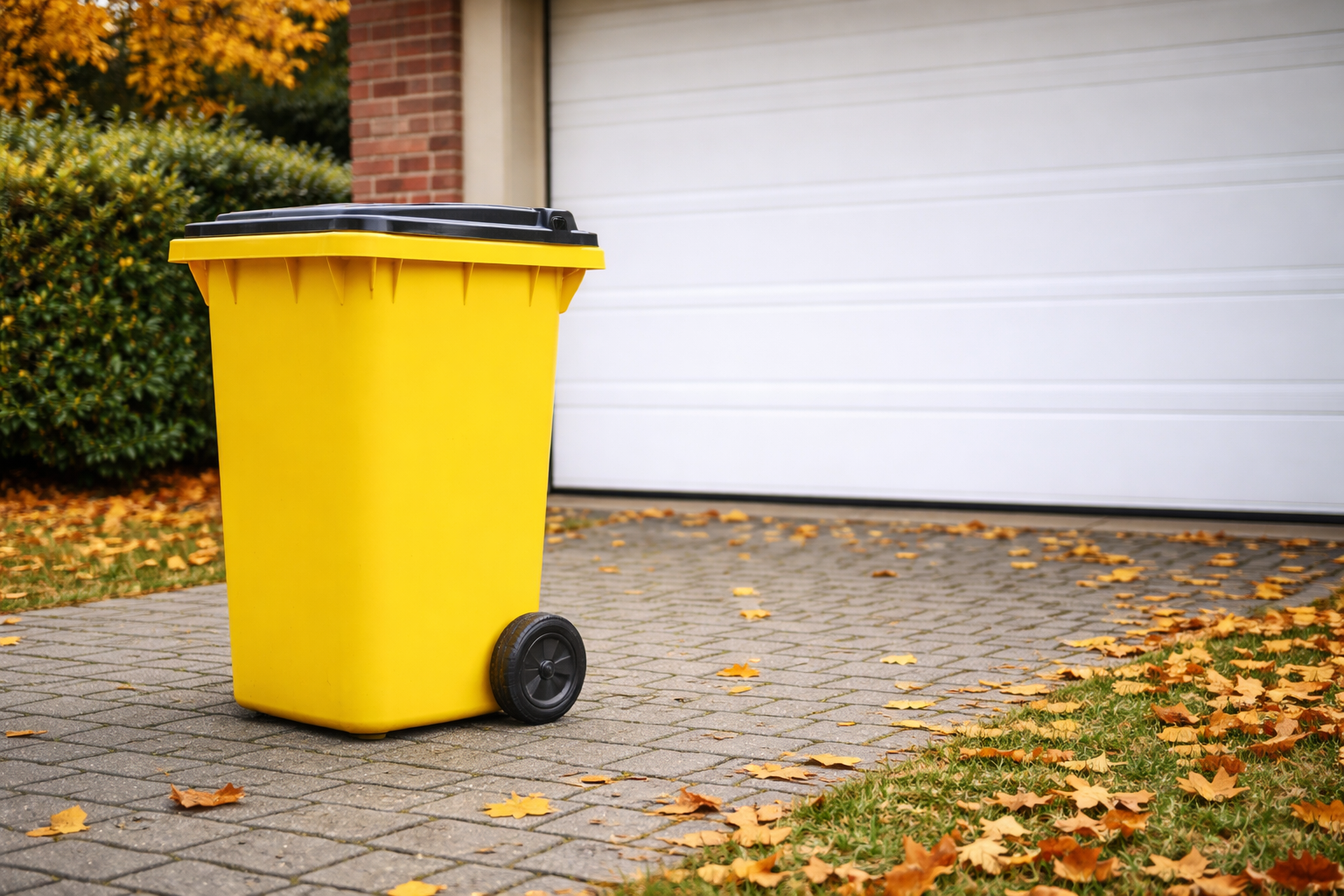gelbe Tonne vor Garage