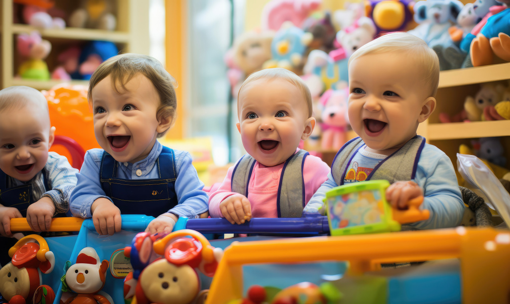 Babies smiling and happy playing in the daycare center on Children's Day in a toy room background. Lachende Kinder