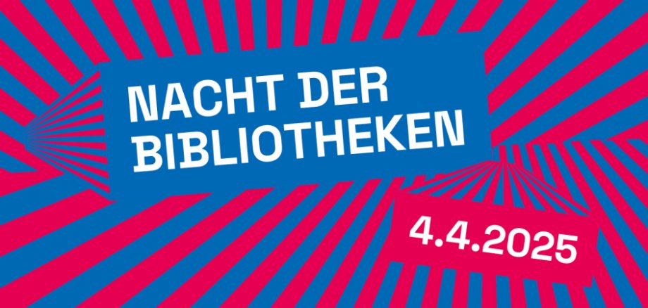 Logo Nacht der Bibliotheken in den Farben Blau und Pink mit dem Datum und dem Schriftzug "Nacht der Bibliotheken".