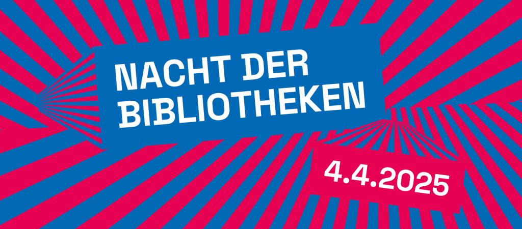 Logo Nacht der Bibliotheken in den Farben Blau und Pink mit dem Datum und dem Schriftzug "Nacht der Bibliotheken".