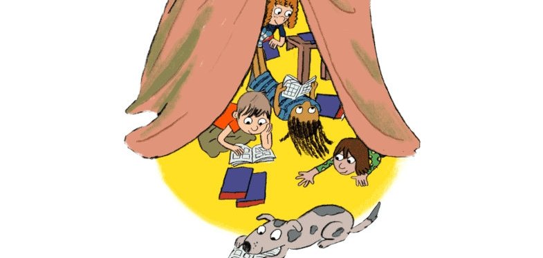 Ein Zelt aus Decken unter dem gemalte Kinder und ein Hund liegen und lesen.