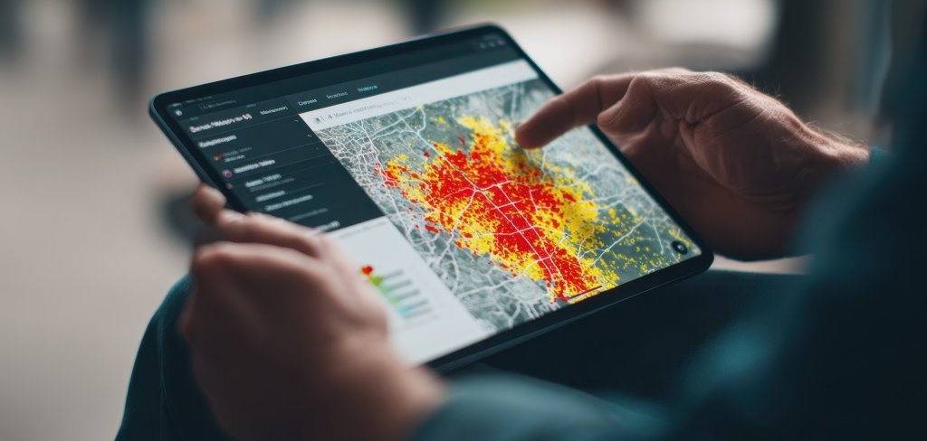 Medium shot showcasing a tablet screen featuring Scope 3 hotspot analysis with the heatmap main area in crisp focus surrounded by blurred mitigation options. Medium shot showcasing a tablet screen featuring Scope 3 hotspot analysis with the heatmap main area in crisp focus surrounded by blurred mitigation options.