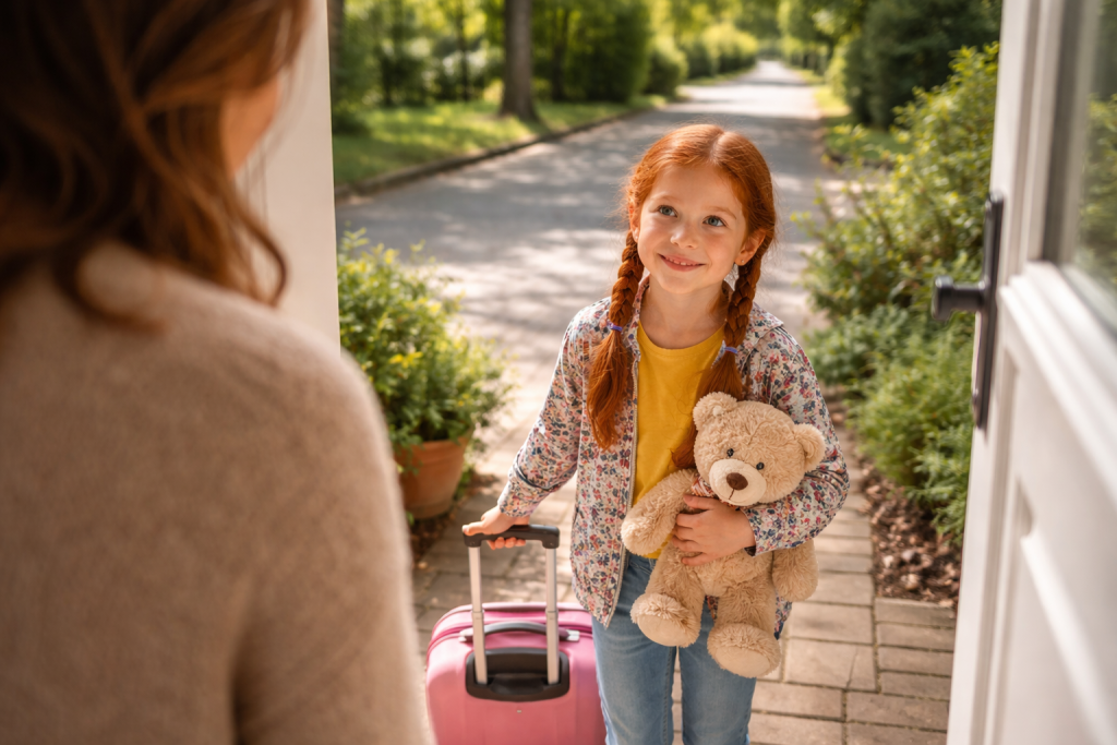 Ein kleines Mädchen mit einem Teddybären und einem Koffer steht lächelnd vor einer geöffneten Haustüre. Eine Frau erwartet Sie dort bereits.
