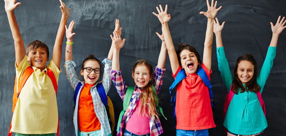 Happy schoolchildren Excited schoolchildren standing with hands up